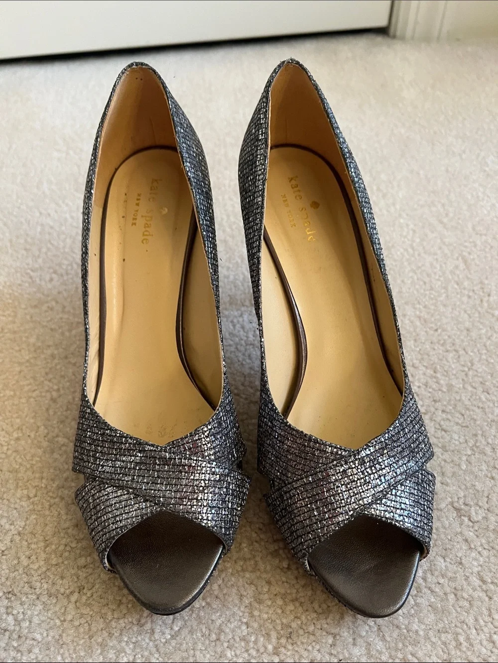 Kate Spade Metallic Silver Peep Toe Heels Pumps Size 9.5 Made in Italy
